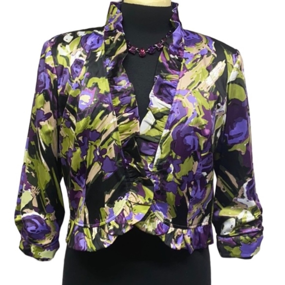 HP!!  💲SALE💲Purple Floral Lined Jacket Ruffle Trim Sz L